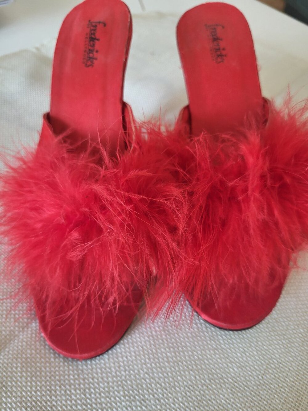 Vintage Frederick's of Hollywood Red Satin Marabou Feather Heel Mules 6